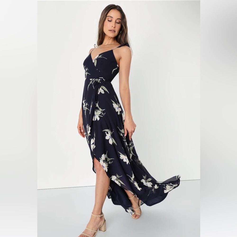 NWT Lulus All Mine Navy Blue Floral Print High-Low Wrap Dress